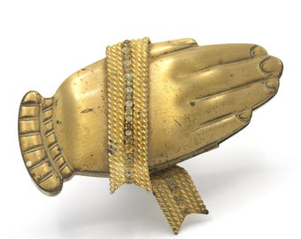 Vintage prayer hands midcentury mini clutch brass hinged case hands praying with jeweled ribbon