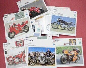 Vintage motorcycle encyclopedia picture cards moto history stats touring racing bike European American Japan photographs GMH Knowledge Cards