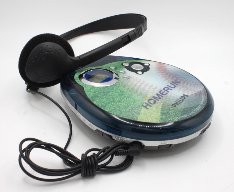 Vintage CD player stereo personal audio digital compact disc LCD blue Homerun Baseball edition Phillips with headphones image 2