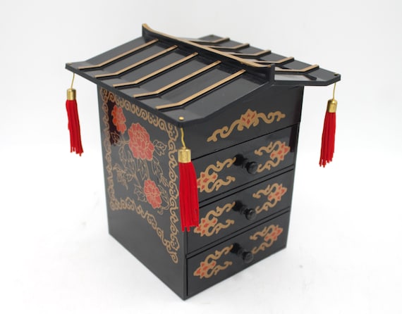 Vintage jewelry box Asian style mini jewel cabine… - image 1