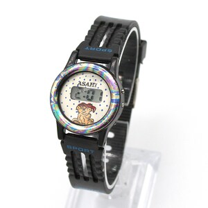 May include: Black Asahi Sport watch with a white face featuring a cartoon lion and the time 2:00. The watch has a black band and a colorful iridescent bezel. The word "SPORT" is printed in blue.