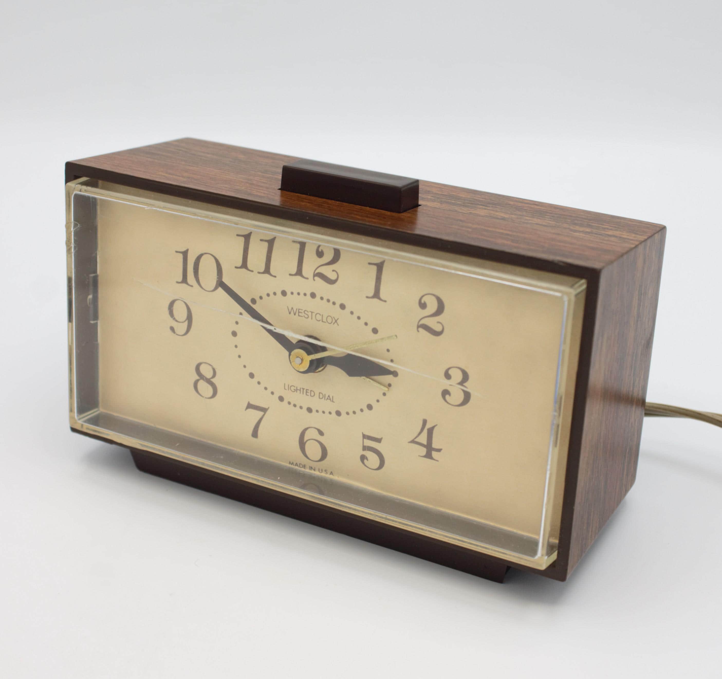 Vintage Westclox Alarm Clock With Backlit Dial Woodgrain Mid