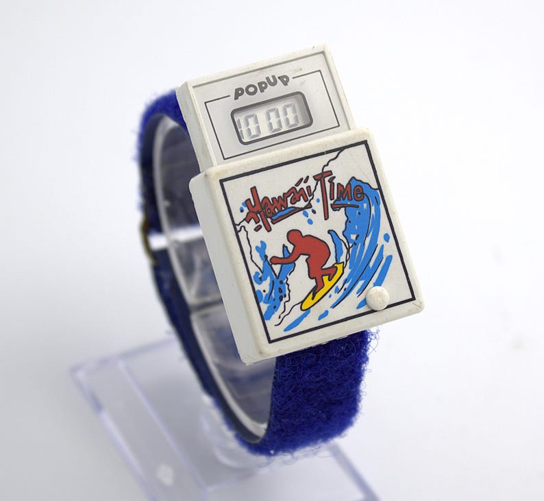 Vintage 1980s Pop-Up digital watch Hang Time Surfer theme LCD quartz rad graphics 80s fashion wristwatch image 15