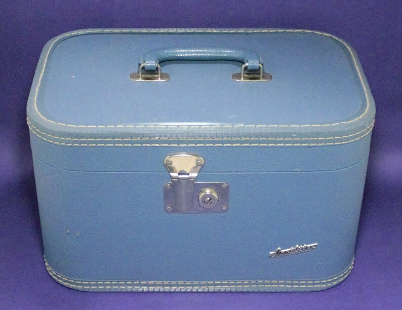 Vintage Midcentury Train Case Suitcase Blue Chrome Small Etsy