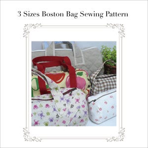 May include: A 3 Sizes Boston Bag Sewing Pattern display featuring multiple bags in various fabrics including a beige quilted bag, a red-handled bag with fruit print, a brown gingham bag, a frog print bag, and a white bag with small pink flowers.