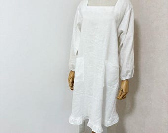 Japanese Kappogi Apron – 100% Linen 【Long Style / white】