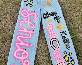 Custom Hand-Painted Jeans – YOU SUPPLY the jeans- Senior Year, Spirit Week, Bachelorette Party Designs