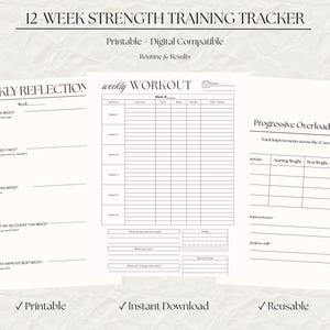 Könnte beinhalten: Ein druckbarer 12-Wochen-Krafttrainings-Tracker mit Abschnitten für wöchentliche Reflexion, Workouts und progressive Überlastung. Das Design ist minimalistisch mit cremefarbenem Hintergrund und schwarzem Text. Enthält den Text "Druckbar", "Digital kompatibel" und "Wiederverwendbar".