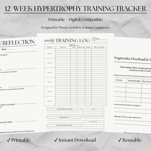 May include: A printable and digital compatible 12-week hypertrophy training tracker. The design includes a weekly reflection section, a weekly training log, and a progressive overload and volume tracker. Designed for muscle growth and training consistency.