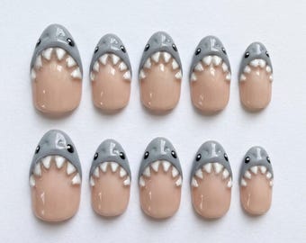 3D Shark Press On Nails, Hand-Sculpted Teeth, Summer Beach Manicure