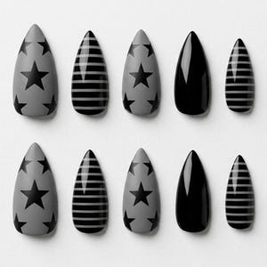 Black Star Almond Press On Nails, Hand Painted Emo Stripe Fake Nails