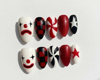 Hand-Painted Clown Almond Press On Nails, Gothic Jester Fake Nails