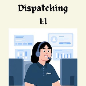 Könnte beinhalten: Illustration einer Person mit Headset, die an einem Computer arbeitet. Das Bild enthält den Text "Truck Dispatching 1:1". Die Person trägt ein blaues Hemd mit dem Namen "Rrad" darauf.