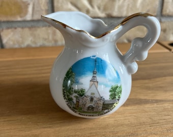 Vintage Porcelain Creamer/ Notre Dame du Cap Quebec Souvenir/ Mini Milk Pitcher Gold Trim