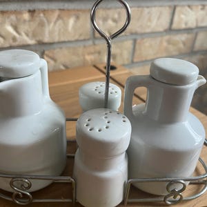 Vintage oil vinegar cruet set with salt pepper/ White ceramic condiment set with metal rack