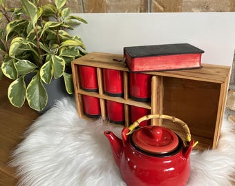 Vintage red tea set with wooden rack/ Japanese style teapot and cups/ 1970s retro boho decor