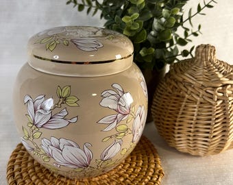 Vintage Sadler England Magnolia täckt kruka / Beige blommig dekorativ kruka / Boho chic förvaringsburk