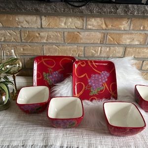 Vintage tableware set / Pottery District / Red bowls and plates with grape pattern / Tapas set / Decorative kitchen