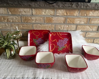 Juego de vajilla vintage / Distrito de la cerámica / Cuencos y platos rojos con estampado de uvas / Juego de tapas / Cocina decorativa