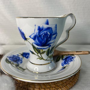 Vintage Blue Rose Teacup and Saucer Set/ White Rose Fine Porcelain Tea Cup/ Romantic Cottagecore Tea Party Decor