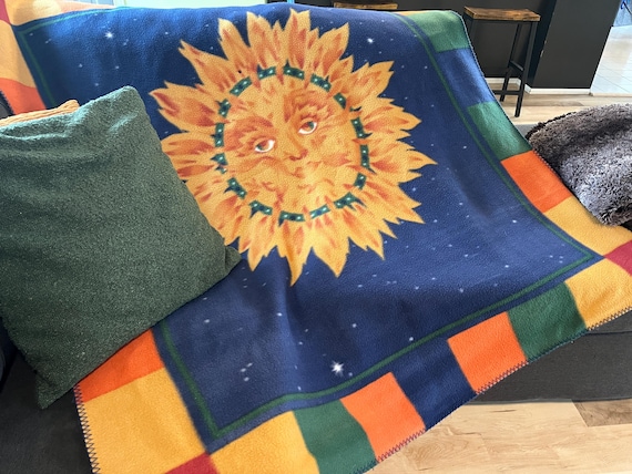 Vintage Celestial Sun Face Fleece Throw Blanket/ Collar Boho Sofa Throw/ 60x50 Inches/christmas gift/ Hostess gift/