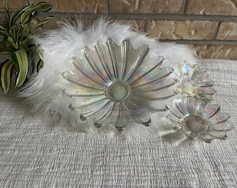 Juego de cuencos de cristal iridiscente vintage / Juego de servir de cristal Carnival / Cuenco floral grande con 2 platos pequeños / Decoración retro bohemia