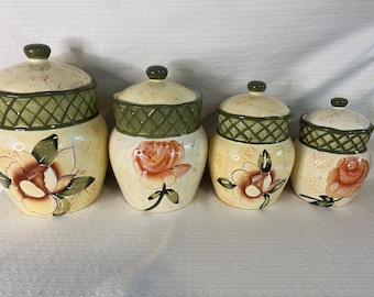 Set di 4 barattoli da cucina Vintage Casa Elite dipinti a mano / Barattoli in ceramica con coperchi e decorazioni floreali / Arredamento da cucina in stile rustico/cottage