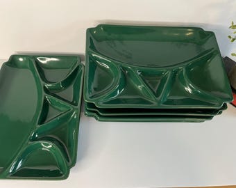 Vintage dark green compartmentalized tray set / Retro appetizer set / Sectioned serving platter / Thick and sturdy ceramic