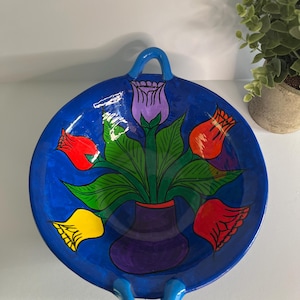 Bol decorativo de gres hecho a mano / Pintado a mano / Flores vibrantes / Hecho a mano en Cancún en 2001 / Pieza única