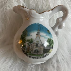 Vintage Porcelain Creamer/ Notre Dame du Cap Quebec Souvenir/ Mini Milk Pitcher Gold Trim