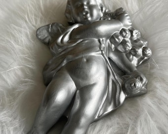 Figura decorativa de ángel de plata vintage / Estatua de querubín retro / Decoración espiritual bohemia / Decoración para el hogar estilo shabby chic