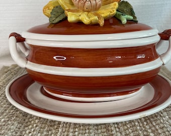 vintage ceramic soup tureen with lid & Underplate/ Hand painted floral tureen/Autumn brown serving bowl/ Farmhouse thanksgiving decor