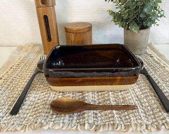 Vintage Ceramic Baking Dish Brown Drip Glaze/ Retro Oven Dish/ Rustic Farmhouse Stoneware Bakeware