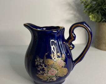 Vintage cobalt blue creamer with gold trim/ floral and bird motif/ elegant Asian-style ceramic/ decorative milk jug