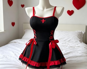 Personalizzazione, costume da infermiera in lingerie, mini abito nero e rosso, seducente abito cosplay