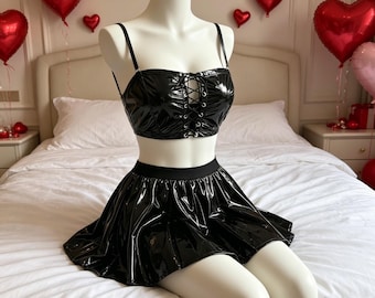 Etiquetas personalizadas, Conjunto de top corto y minifalda de charol negro con cordones - Lencería brillante con efecto mojado para fiestas, clubes y cosplay
