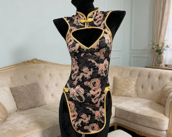 Personalizacja, czarne body cheongsam z nadrukiem smoka | Bielizna qipao ze złotymi wykończeniami | Orientalny kostium do odgrywania ról