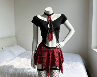 Personalizacja, zestaw kostiumu uczennicy w czerwoną kratę, świąteczny strój na imprezy świąteczne i cosplay