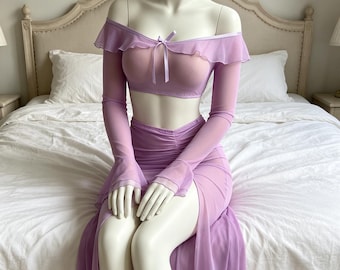 Conjunto de dos piezas Lavender Fairy, top corto con hombros descubiertos y falda larga, personalizable.