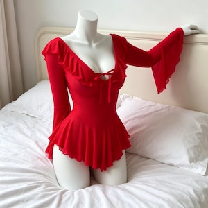 Customization,Red Ruffle Mesh Bodysuit Dress,Flared Sleeve Lingerie,Romantic Lingerie for Date Night & Photoshoots,Gift for the girlfriend