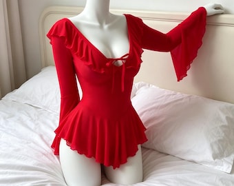 Customization,Red Ruffle Mesh Bodysuit Dress,Flared Sleeve Lingerie,Romantic Lingerie for Date Night & Photoshoots,Gift for the girlfriend