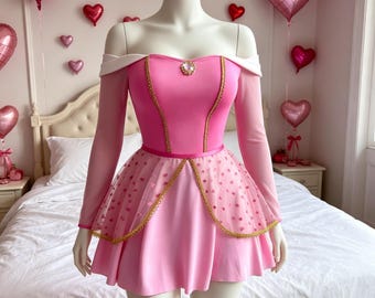 Maatwerk: roze prinses Aurora mini-jurk, off-shoulder Doornroosje kostuum voor Halloween en cosplay-evenementen