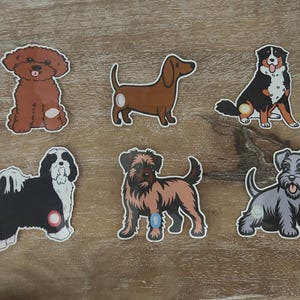 May include: A collection of six die-cut stickers featuring illustrated dogs. The set includes a brown curly-haired dog, a smooth-coated brown dachshund, a black and white Bernese Mountain dog, a black and white shaggy dog, a brown terrier, and a gray schnauzer.