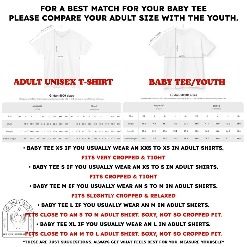 Puede incluir: Una tabla de comparaci&oacute;n de tallas para camisetas unisex de adulto y j&oacute;venes. La imagen muestra dos siluetas de camisetas blancas con medidas etiquetadas de ancho, largo y manga, junto a dos tablas detalladas con medidas en cent&iacute;metros.