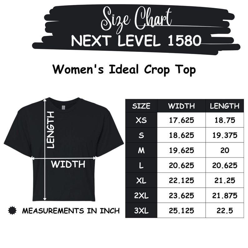 Puede incluir: Una tabla de tallas para un top corto negro Next Level 1580. La imagen muestra una camiseta negra con flechas blancas que indican las medidas de largo y ancho. Una tabla enumera las tallas de XS a 3XL con dimensiones en pulgadas.