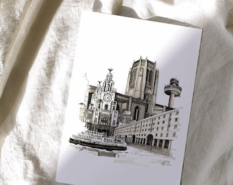 Liverpool architecturale tekening print, handgetekende penillustratie, A4 muurkunst