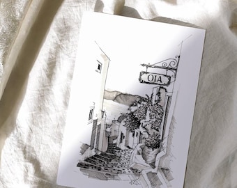 Streets of Oia, Santorini, Griekenland architecturale tekening afdrukken, handgetekende penillustratie, A4 kunst aan de muur