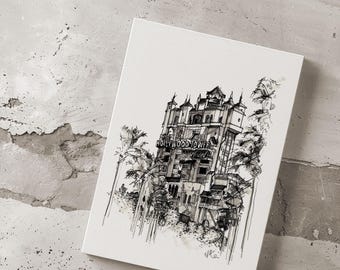 Disney's Tower of Terror architecturale tekening print, handgetekende penillustratie, A4 muurkunst