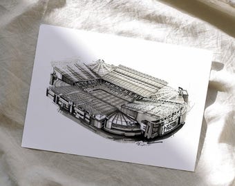 Old Trafford Stadium tekening afdrukken, Manchester United Artwork, voetbalstadion, cadeau voor voetbalfan, handgetekende illustratie, A4 kunst aan de muur