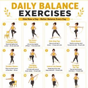 May include: A white instructional poster titled Daily Balance Exercises featuring sixteen numbered illustrations of a person in a yellow top and black leggings performing various balance movements with descriptive text for each exercise.
